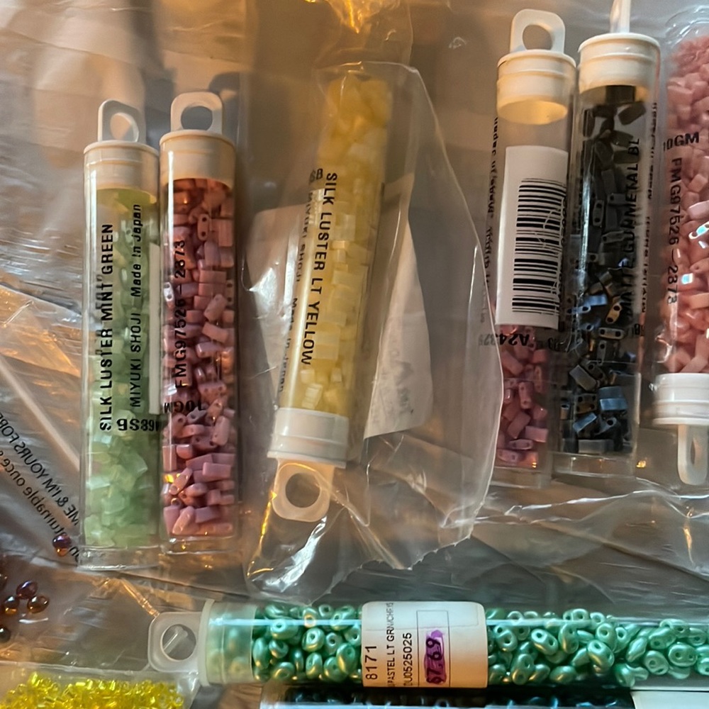 Beads. Super duos, half Tila, pellet beads, O beads, bugle beads.